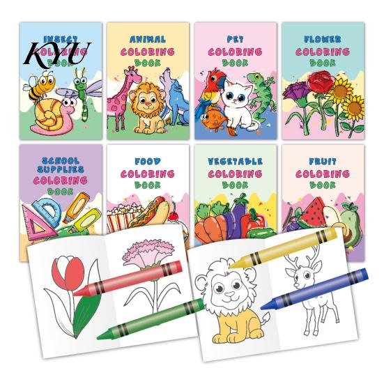 Travel Activities for Toddlers 8PCS Children's Cartoon Coloring Book, Animals/Fruits/Vehicles/Fairy Tale Characters Theme, Thickened Ink-proof