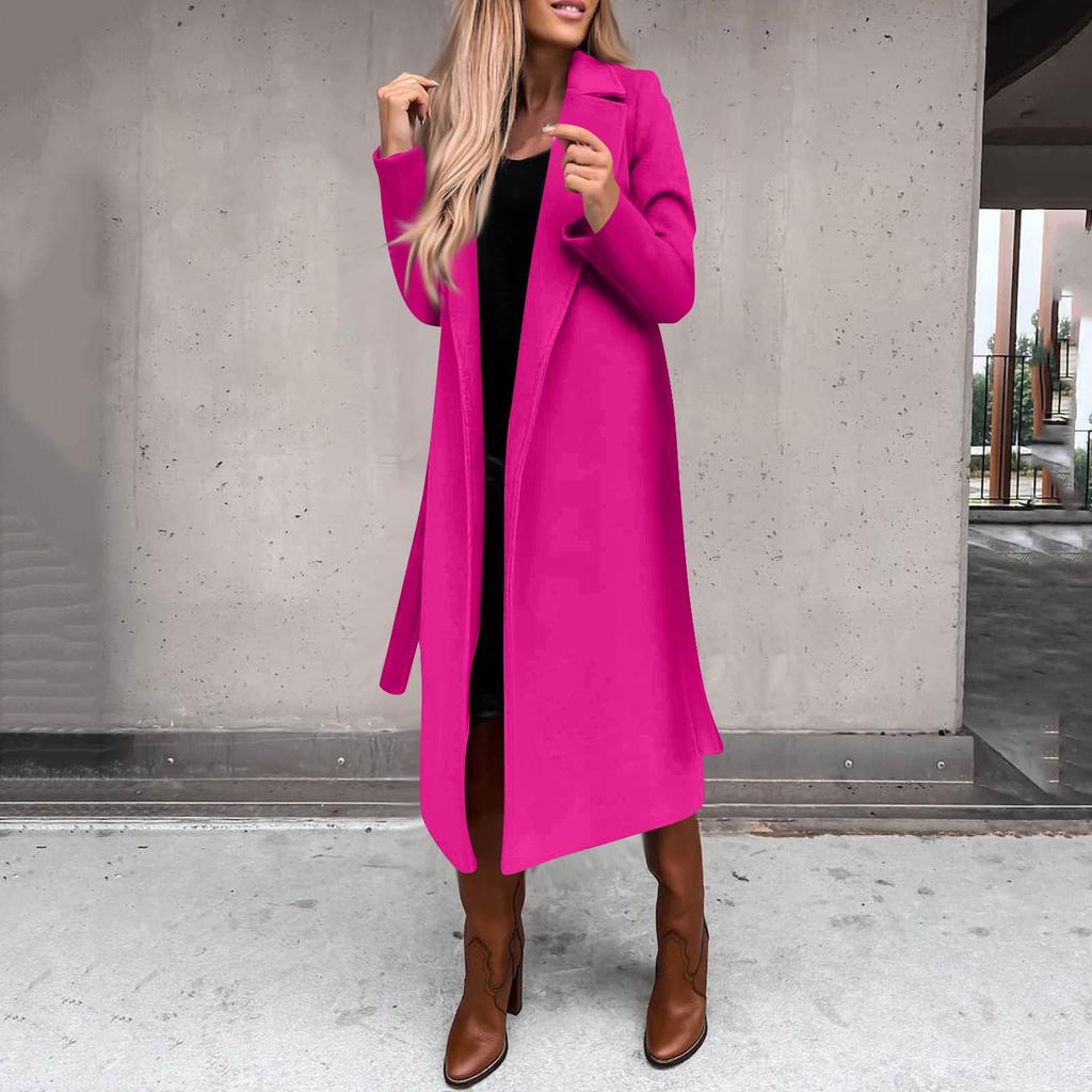Women's Winter Woolen Coat Elegant Lapel Trench Coat Solid Color Long Jacket Work Tie Long Coat