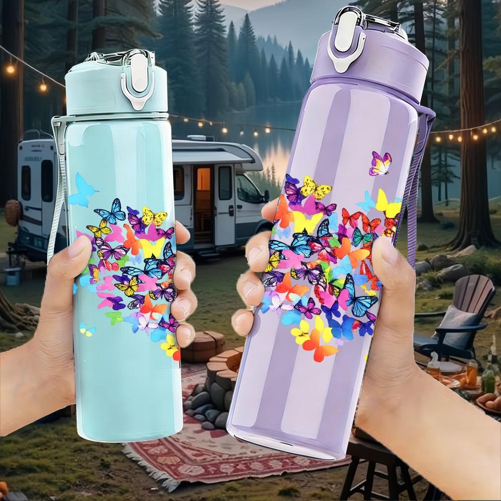 1PC Confetti Colorful Heart Burst Print 750ml Color Plastic Sports Water Bottle Leakproof Flip Straw Lid Suitable for Sports Office Home Use