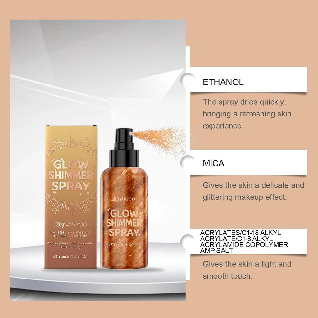 Zephoco Body Glitter Spray Glow Skin Illuminator High Gloss Quick-Drying Highlighter Makeup Cosmetics Bronze Body Shimmer Spray