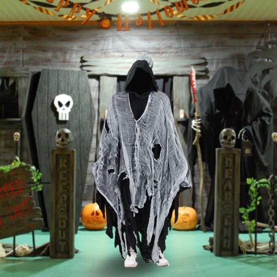 Хэллоуин Плащ с капюшоном Косплей Костюм Длинная накидка волшебника с нерегулярной сеткой Дом с привидениями NPC
