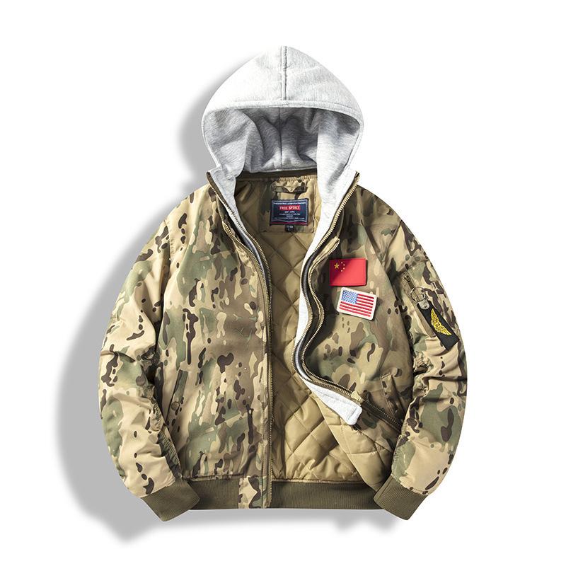 Men's Winter Fleece Thickened Pilot Hooded Baseball Cotton Jacket Removable Hat Tooling Jacket