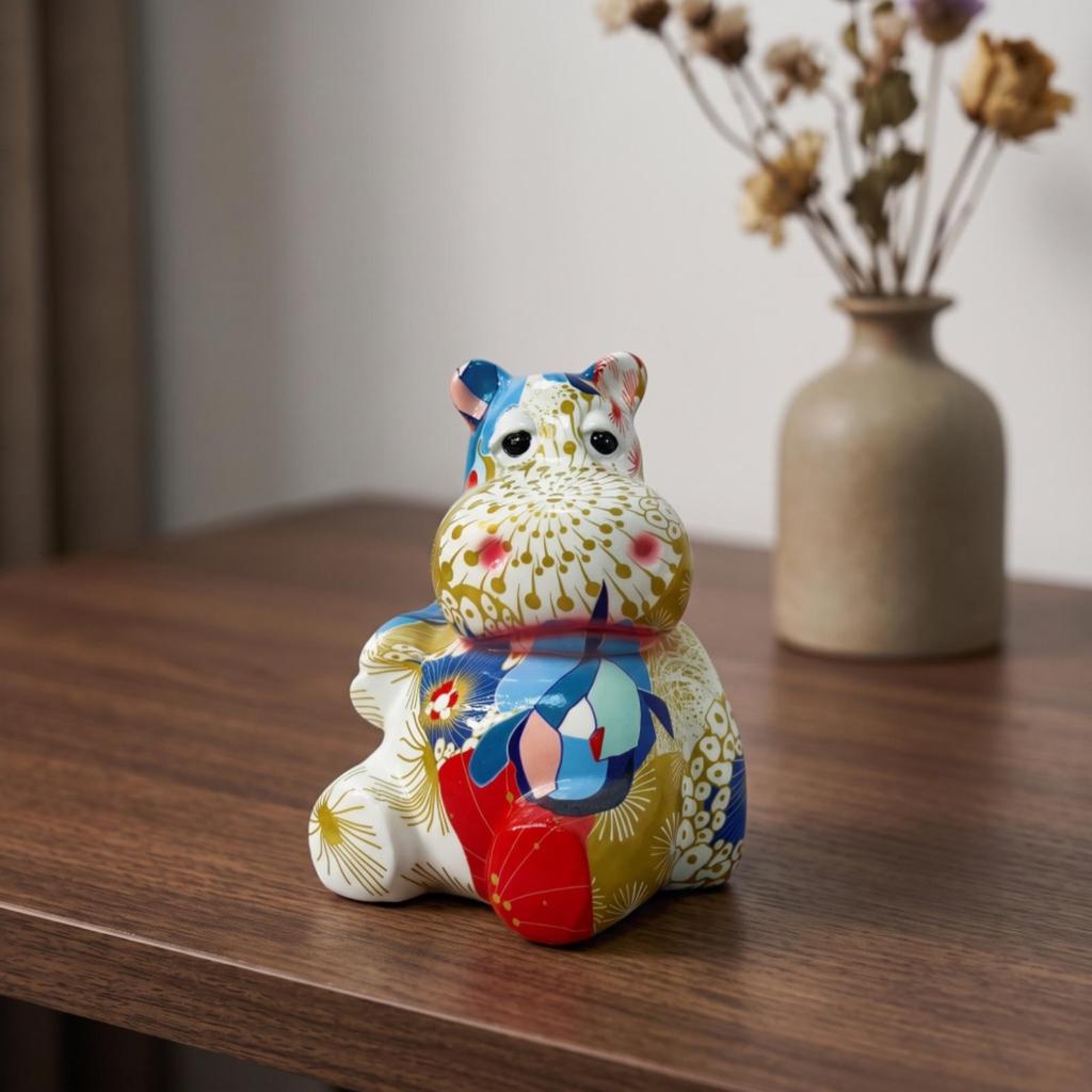 Hippo Figurine Glossy Ornament Printed for Living Room, Bookshelf, Animal Lovers