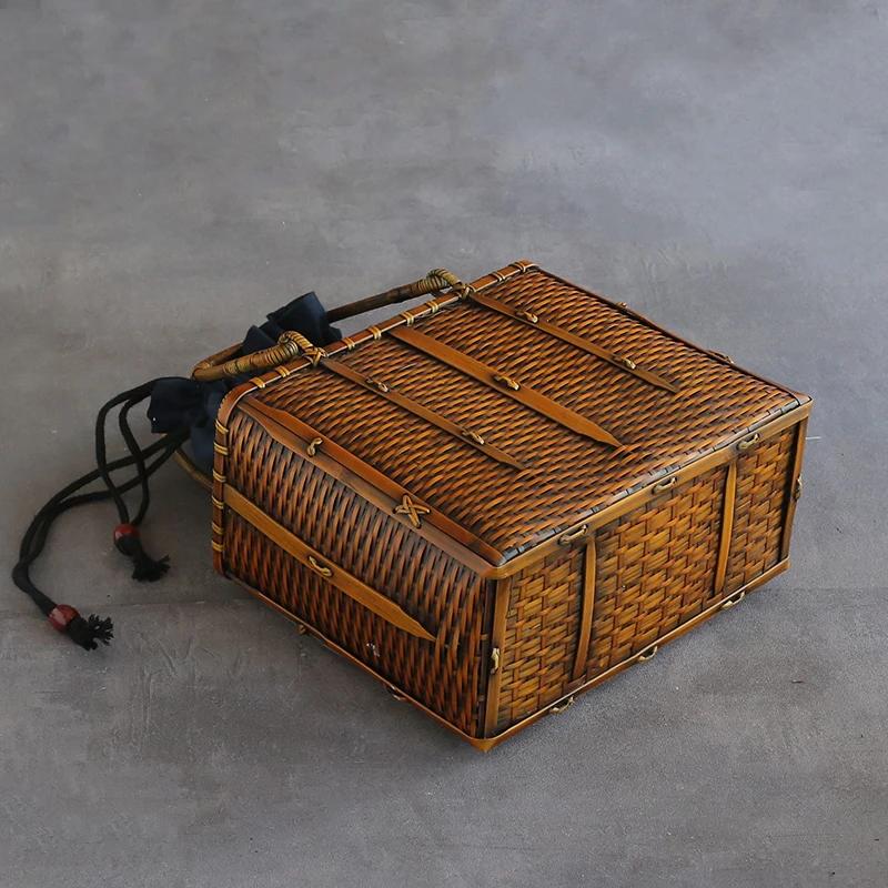 Японское плетение из бамбука, изготовление сетчатых сумок, старые сумки для хранения, чемодан-кейс для хранения чайного набора, удобная сумка-органайзер с ручкой