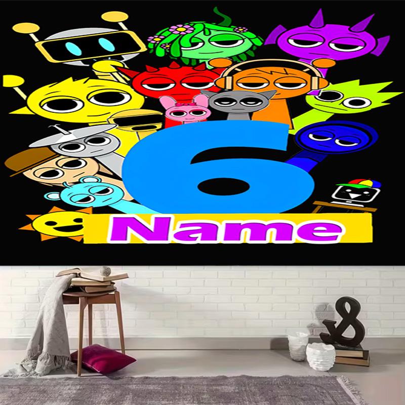 Personalized Sprunki themed Background Tapestry,Custom Name Birthday Party,Multifunctional Wall Decoration for Home Decor,Various Occasions