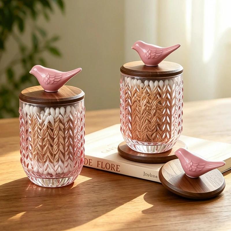 Pink Glass Storage Jar Bird Wood Cover Toothpick Holder Cotton Swab Box Storage Bottle Sugar Jar Dried Fruit Box Storages Tank