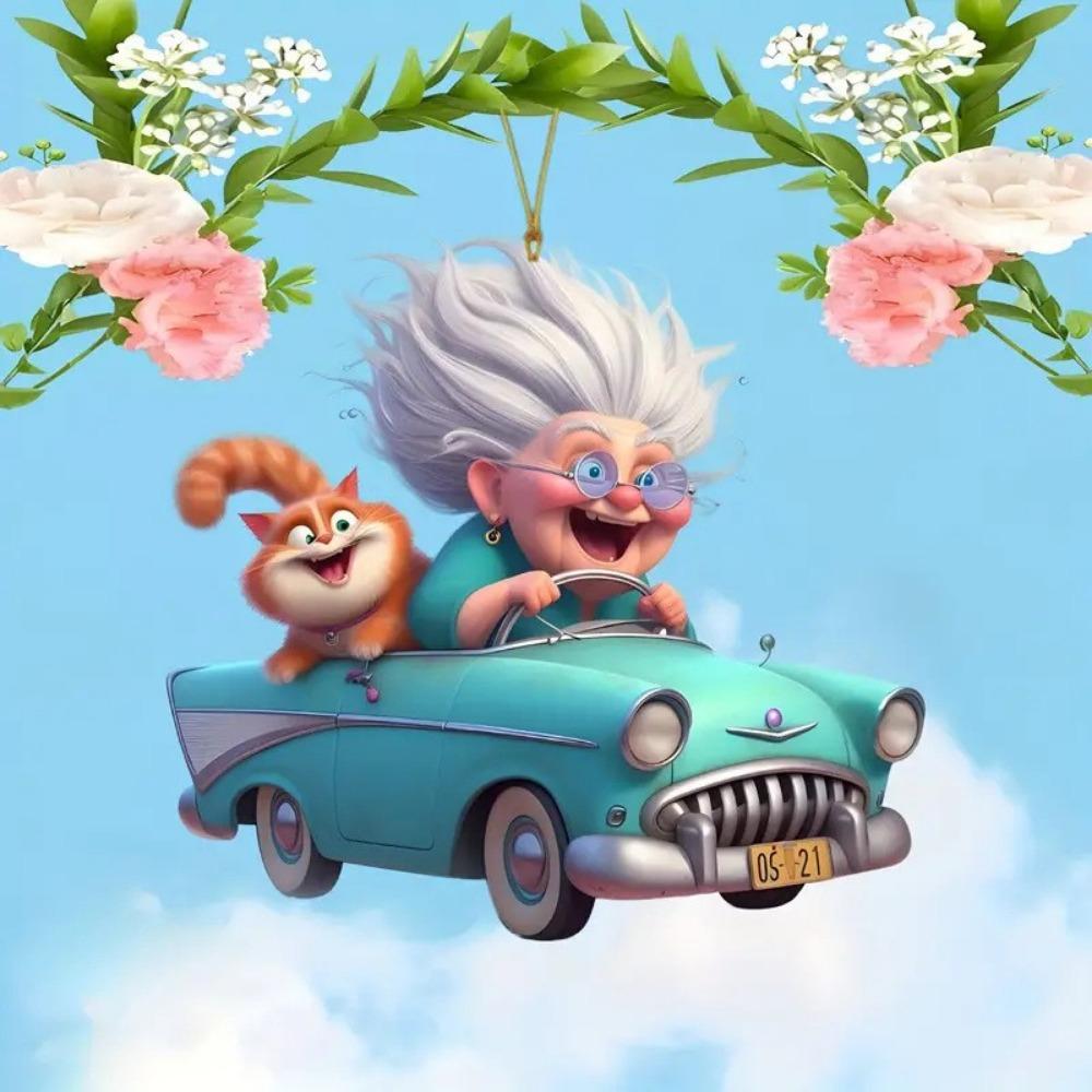 New 2D Flat Acrylic Flat Cartoon Grandma Pendant, Keychain Decoration Car Pendant