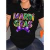 Женская футболка Mardi Gras с забавным принтом, повседневная, удобного кроя, с коротким рукавом, с круглым вырезом, черная, для любого сезона