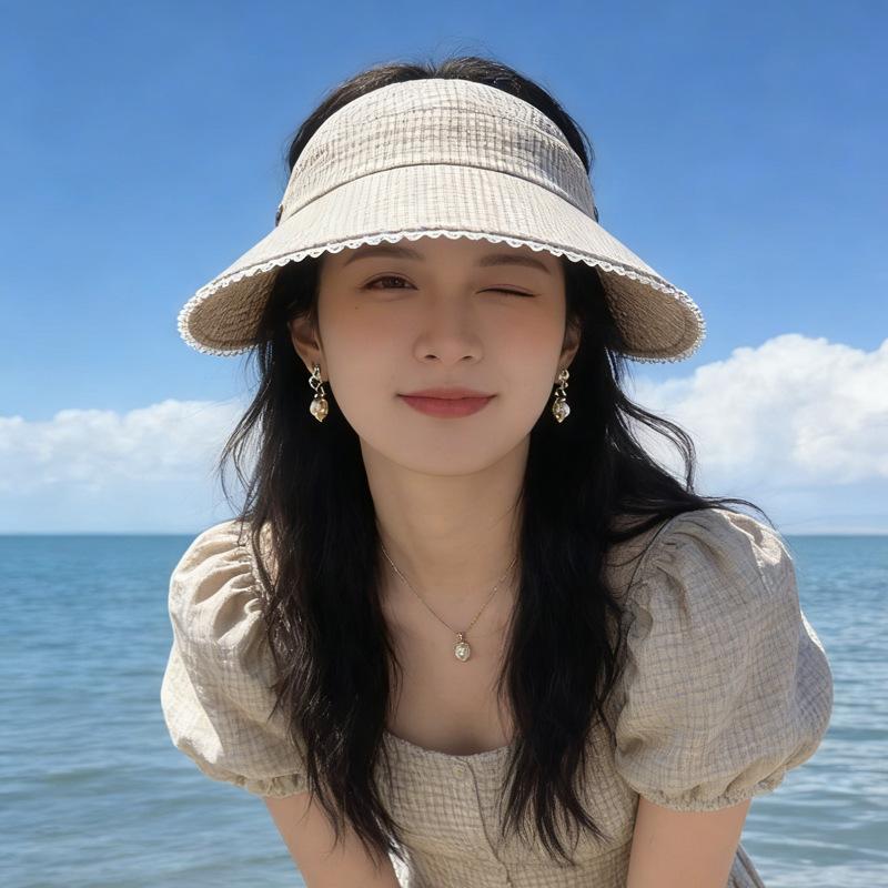 Summer new plaid big brim empty top hat outdoor riding shading hollow sunscreen hat can be ponytail bucket hat