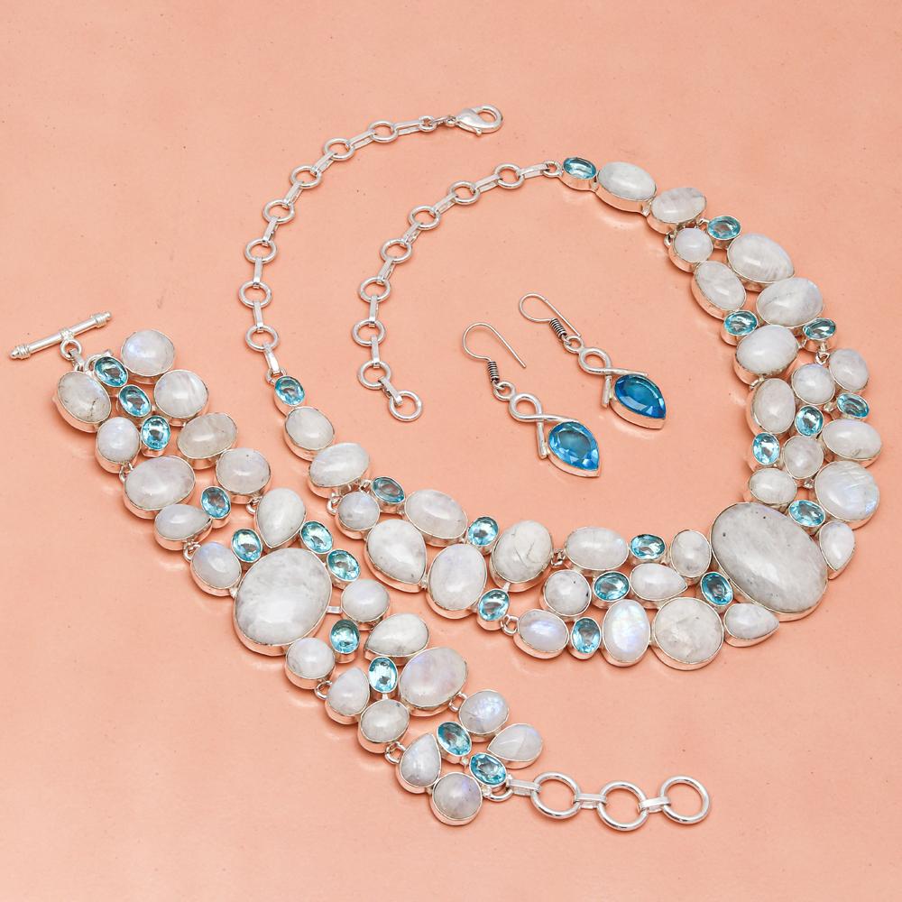 Комплект украшений из швейцарского голубого кварца с радужным лунным камнем, 16-18 дюймов