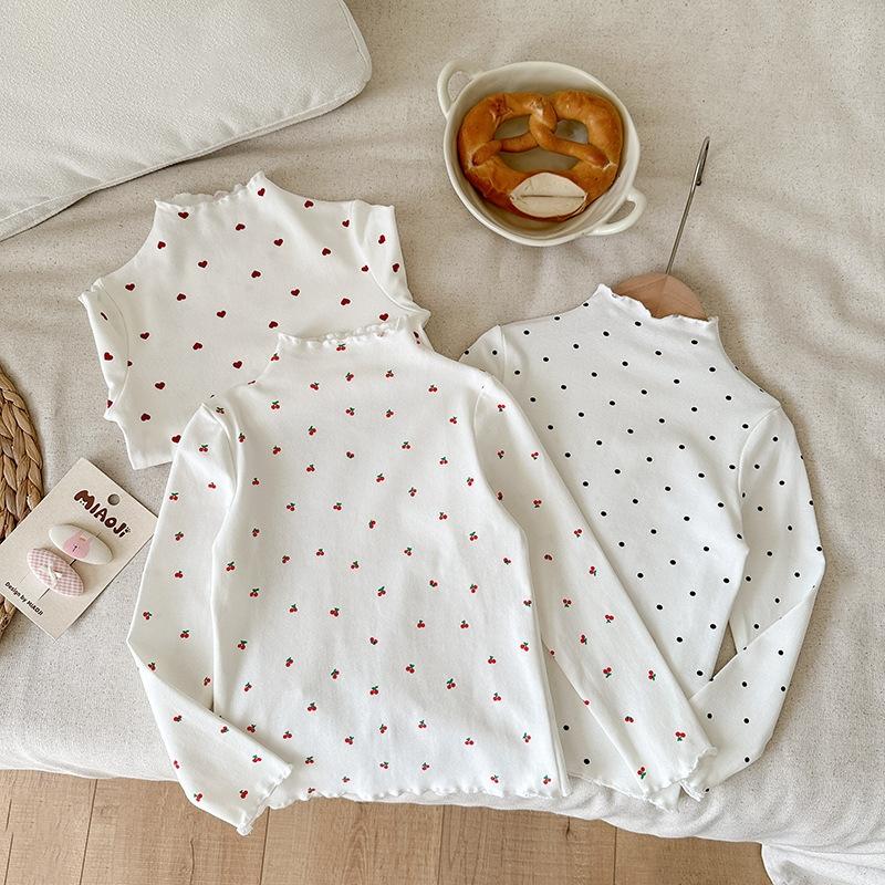 Children Girls Long-sleeved T-shirts Autumn Dot Print Infant Babys Girl Tops Turtleneck Bow Flower Toddler Kids Girls Undershirt