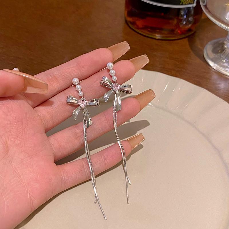 Серьги с бантом и кисточками, милые серебряные серьги с цирконом для женщин, ювелирные аксессуары