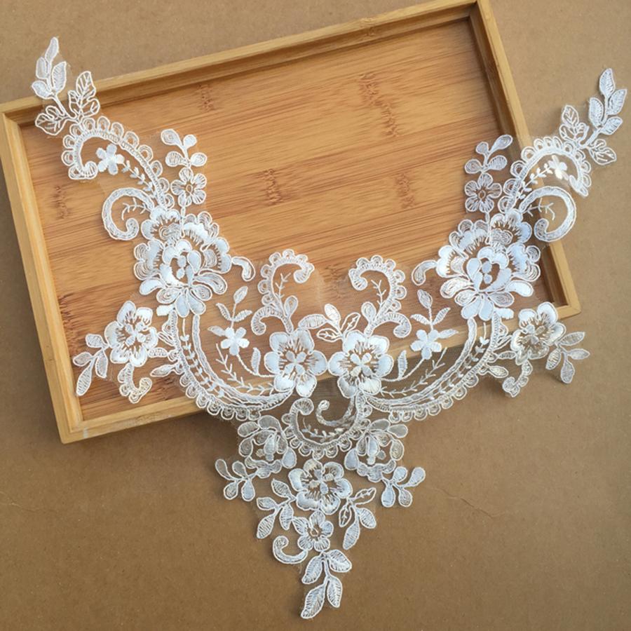 1 Pcs White Embroidery Sequins Flower Lace Neckline Collar Applique Sewing Lace Fabric DIY For Wedding Dress Clothing Accessories
