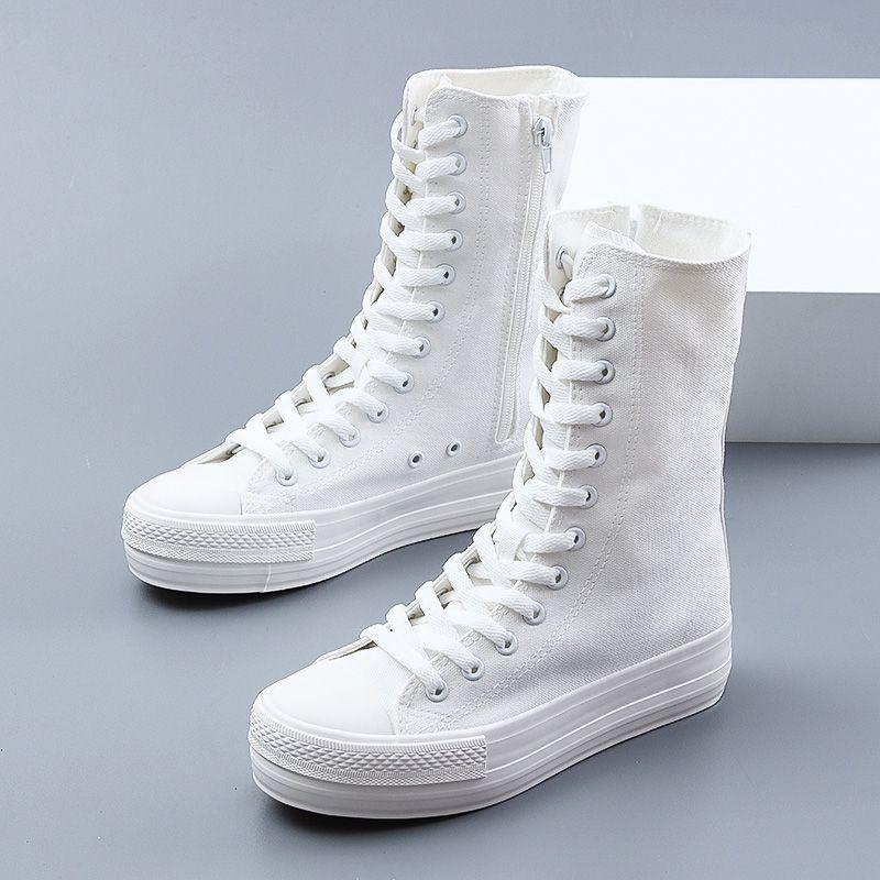 Женская обувь Модные высокие кеды Ботинки из парусины Осень Удобные танцевальные туфли для женщин Белые повседневные кроссовки Женские ботинки до середины икры