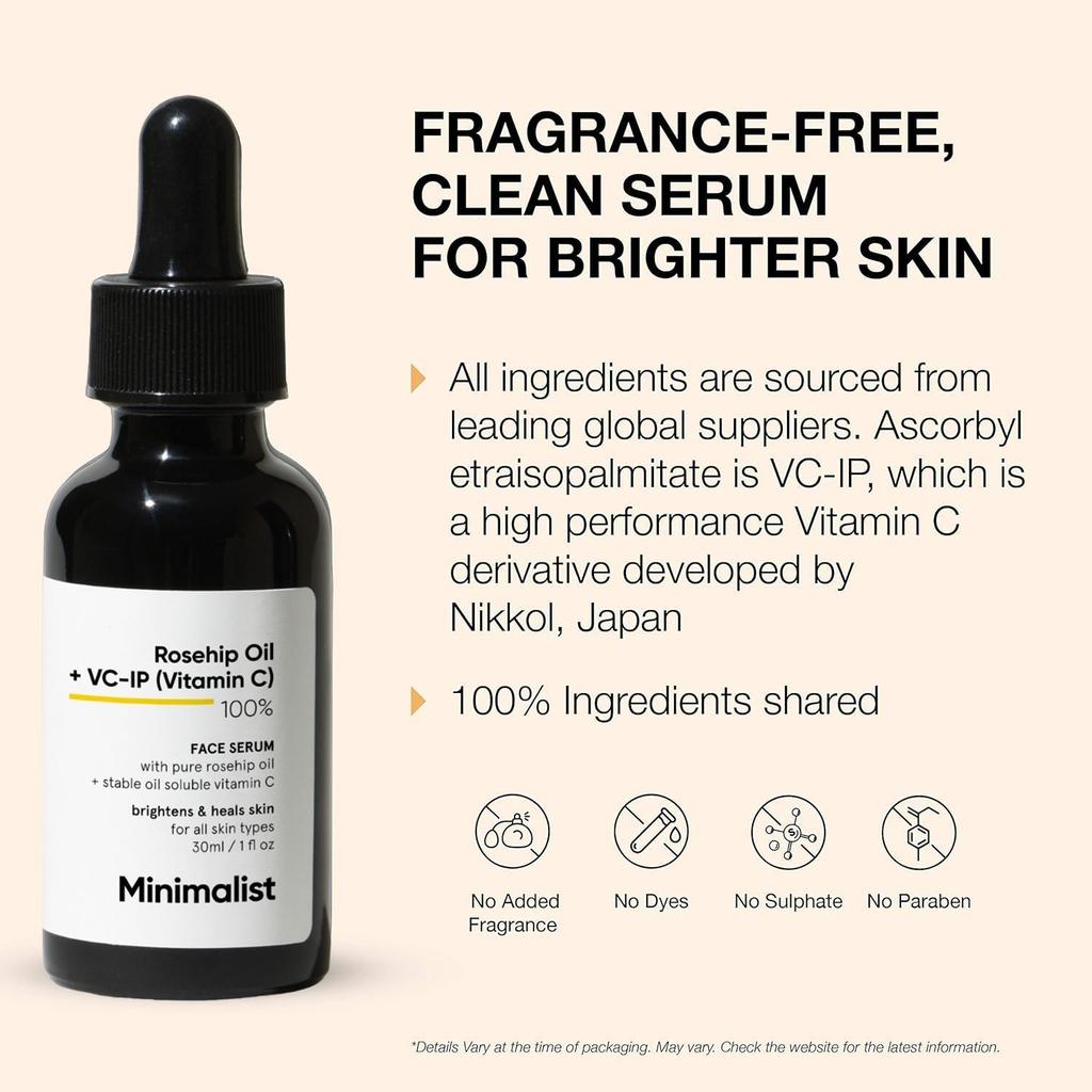 Face Serum with Rosehip Oil and Vitamin C 100% (30 Ml), Rosehip Oil + VC-IP (Vitamin C) 100% Face Serum, Minimalist