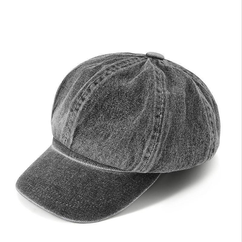 New washed large version denim octagonal hat women's spring and autumn face small literary retro versatile beret