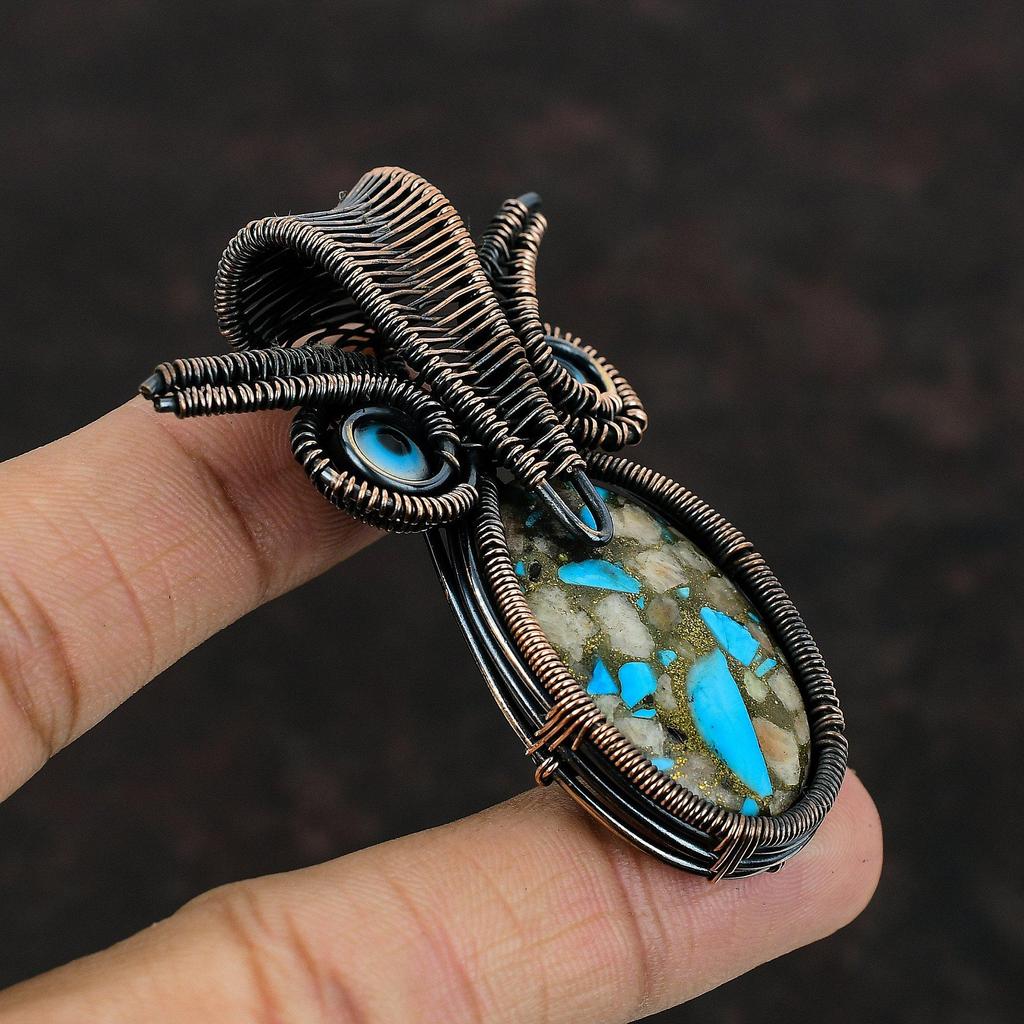 Кулон из розового опала и медной бирюзы, синий цвет, кулон сглаза, кулон, обмотанный медной проволокой, кулон с драгоценным камнем, кулон в виде совы, украшения из медной проволоки ручной работы