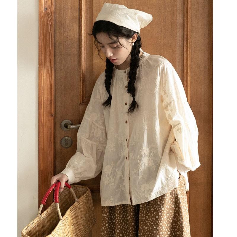 Johnature Весенняя рубашка Mori Vintage с круглым вырезом и вышивкой, свободная, с длинным рукавом, женская, повседневная, жаккардовая, топы