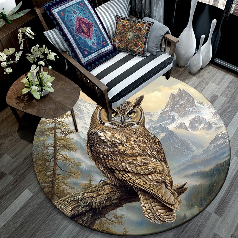 owl Round Area Rug,Carpet Rug for Living Room Bedroom Sofa Playroom Decor,Non-slip Floor Mat