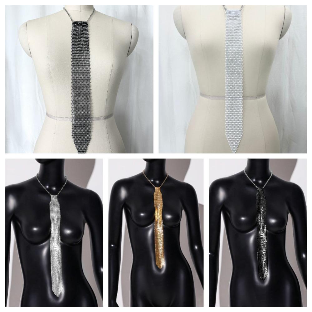 Adjustable Crystal Rhinestone Neck Tie Soft Glitter Cravat Metal Sequin Necktie  Music Festival
