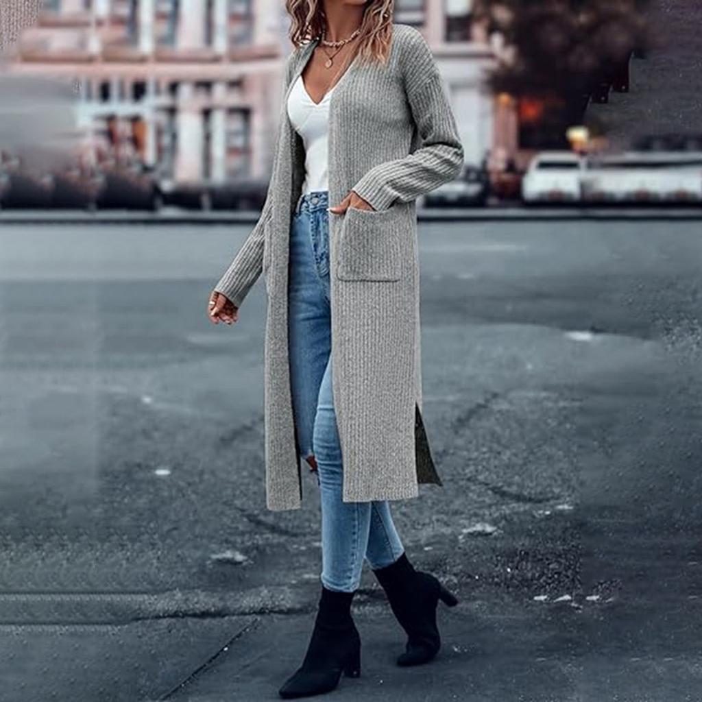 Вязаный кардиган с карманами, длинный однотонный женский свободный свитер
