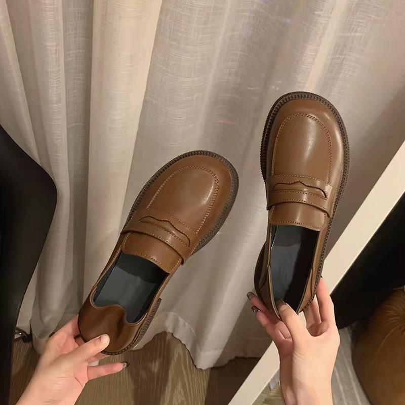 Супермягкие кожаные туфли женские, новые, корейские, на толстом каблуке, ретро, британский стиль, одна педаль, две носки