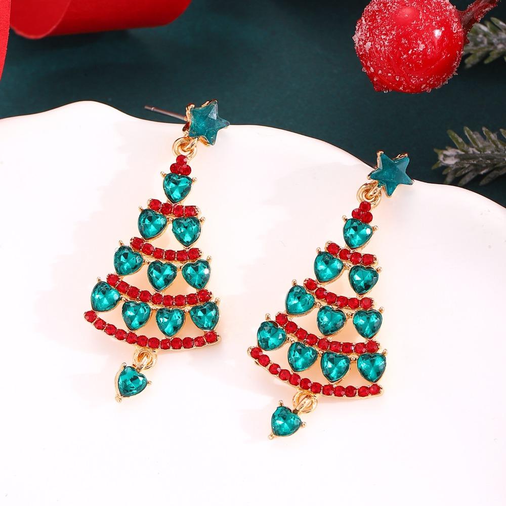 Zinc Zinc Alloy Christmas Tree Stud Earring Rhinestones Xmas Tree Ear Drop Christmas Tree Earring  Party