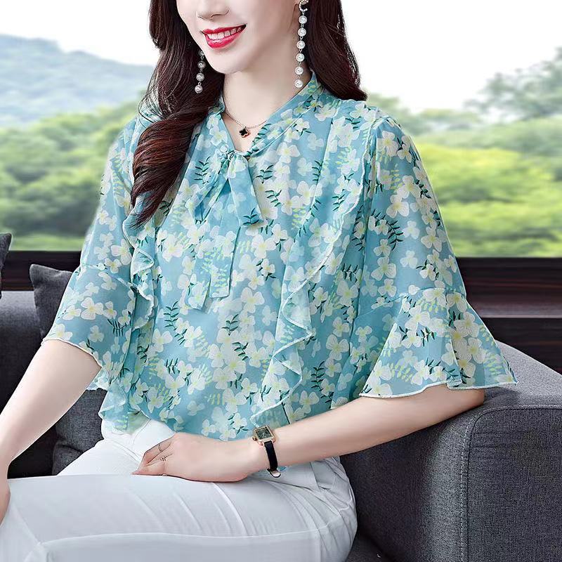 Азиатский размер Розовые топы с воланами и галстуком-бабочкой на воротнике, винтажная блузка с цветочным принтом, женская летняя рубашка, женские блузки с коротким рукавом