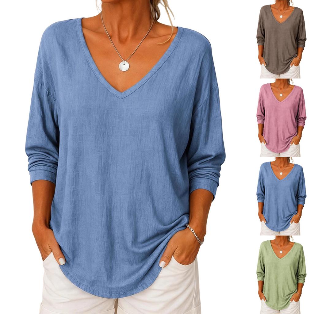 Women's Fashionable Solid Color V-neck Loose Casual Long Sleeved Pullover T-shirt Top