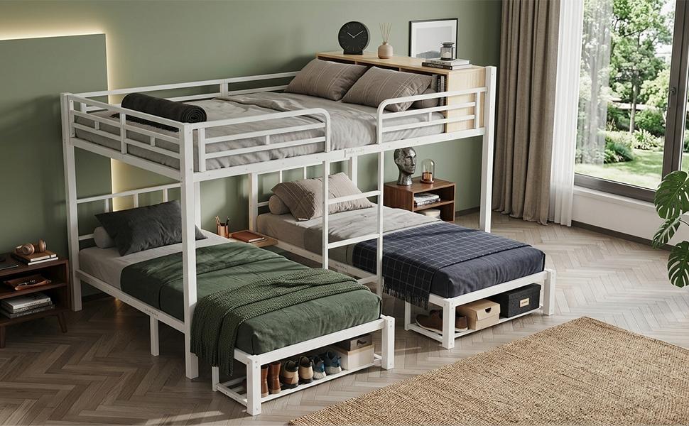 Metal Bunk Bed 140x200/90x200 cm White, Family Bunk Bed with 3 Sleeping Places, Open Shelf, Shoe Rack and Ladder for Guest Rooms and Youth Rooms