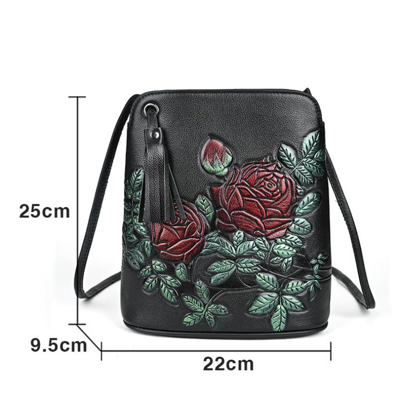 Johnature Genuine Leather Lightweight Versatile Small Bucket Bag Exquisite Flowers Women Shoulder Crossbody Bags