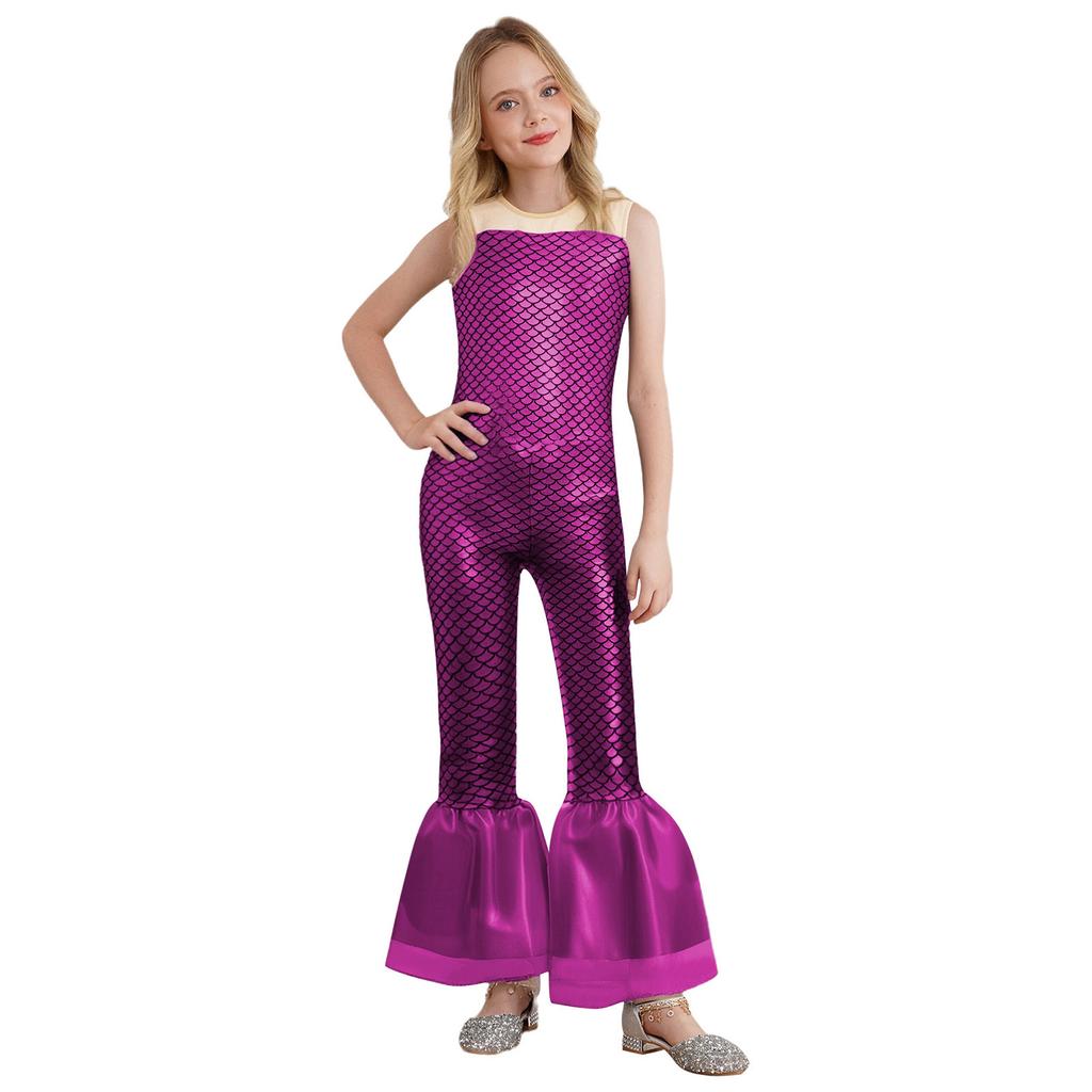 All-in-One Mermaid Halloween Outfit for Kids Girls: Playful Fish Scale Jumpsuit, Easy to Wear for Instant Transformation