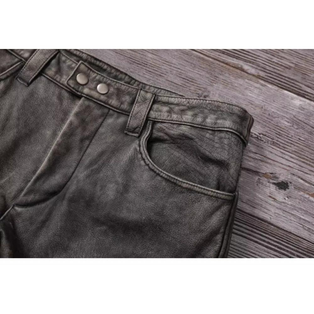 Chinese Size Vintage Gray Genuine Cowhide Leather Pants Men Motorcycle Biker Leather Trousers Autumn Winter Men Leather Pants