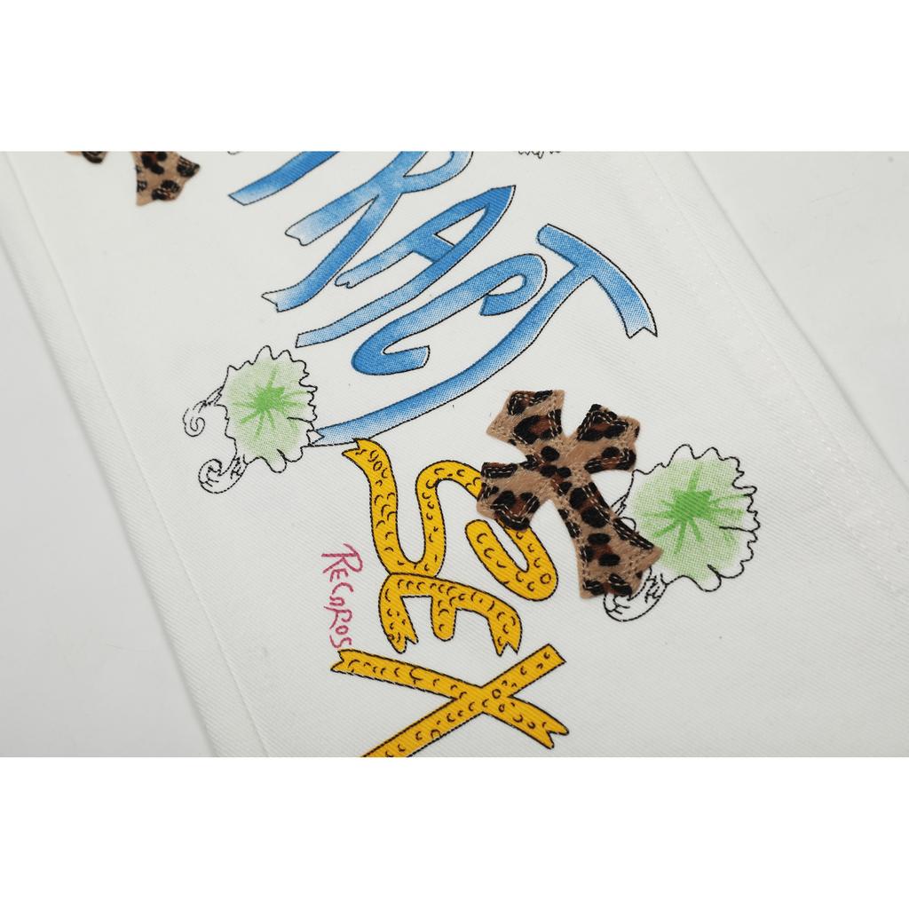 7704 CHROME HEARTS Men's and Women's American Style Trendy Jeans with Fabric Patches, Casual and Fashionable High Street Pants