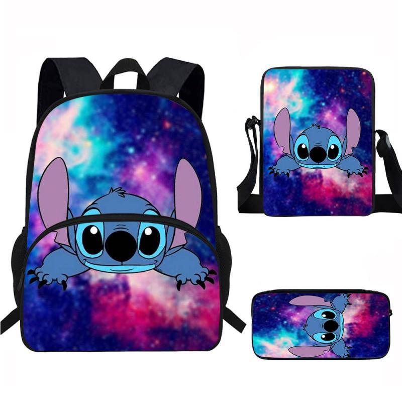 Stitch Kids School Backpack Set Elementary Students Oxford Fabric Ergonomic Design Printed Cartoon 3-Piece Bundle