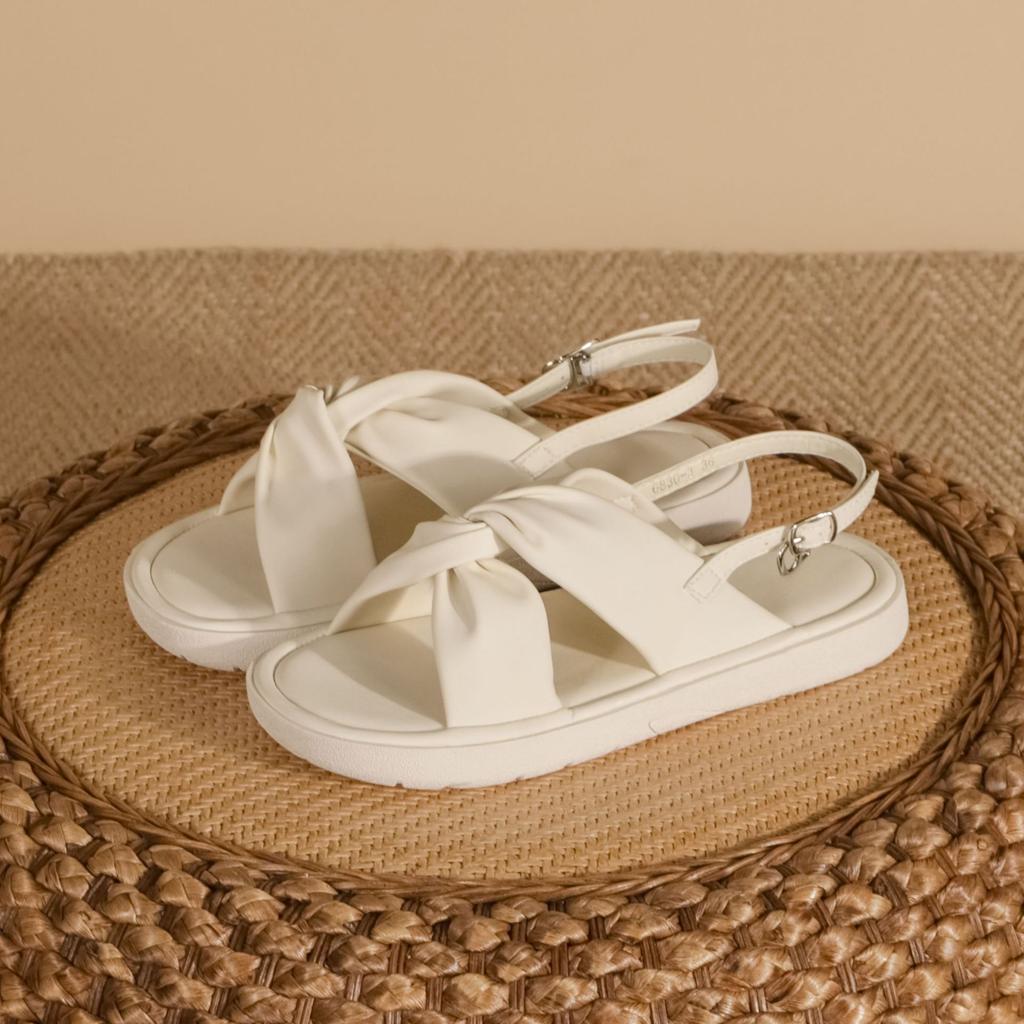 French Thick-soled Cool Slippers Women's Summer Outer Wear Casual Style Versatile Sandals Wrinkled Cross-strap French Women's Shoes Soft Sole