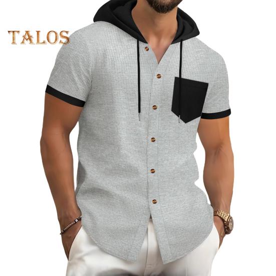 Мужская летняя футболка с капюшоном, короткий рукав, застежка на пуговицы, нагрудный карман, вафельный цветной блок, повседневная футболка с капюшоном для спортзала, уличная одежда