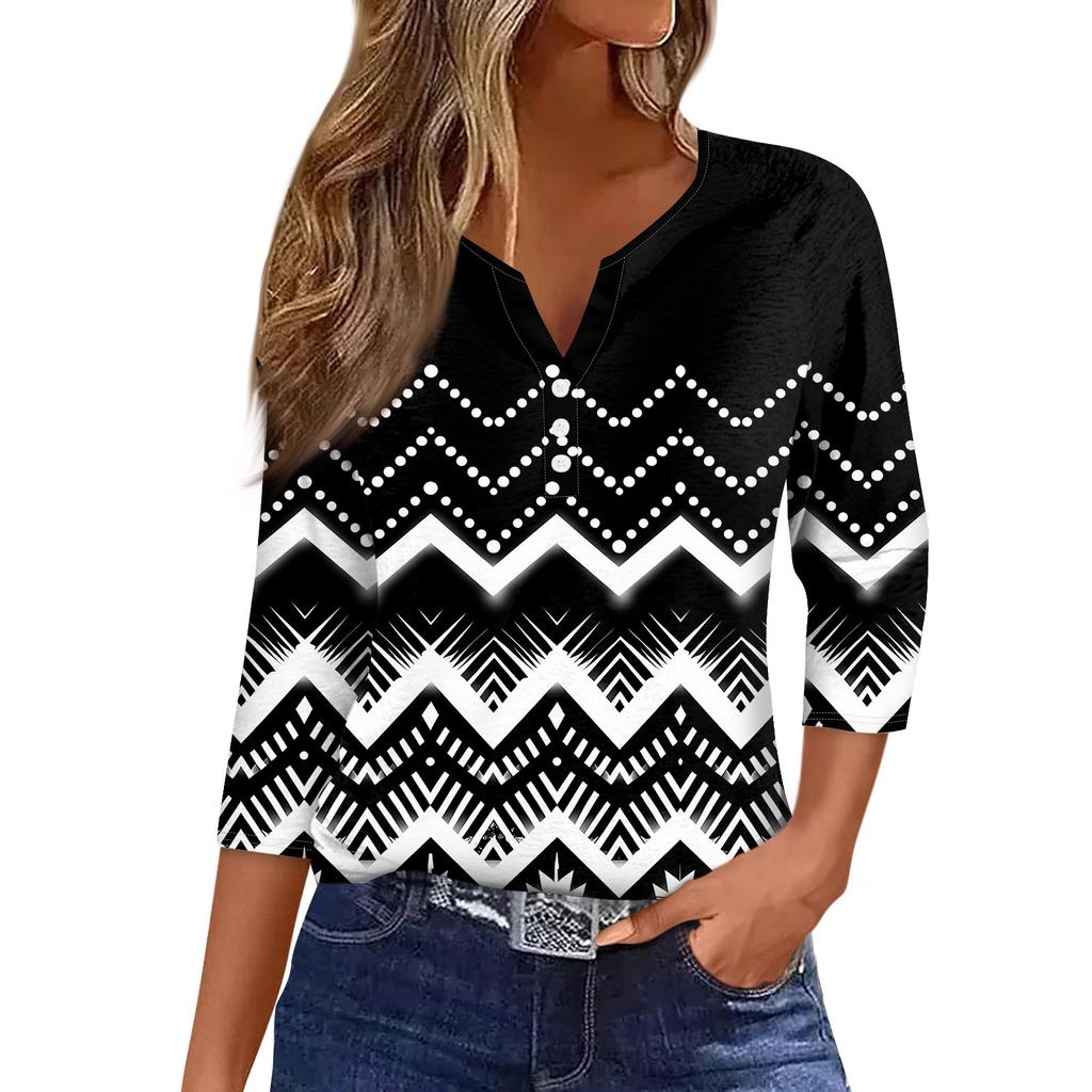 Жен. Футболка Футболка С принтом Пуговицы Рукав 3/4 Повседневные Выходные Мода Классический Классический V-образный вырез Обычный Верх