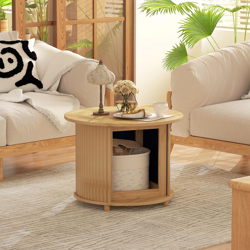 Side Table, Round, with Storage, Sliding Door, Bamboo, Ø60 x 45 cm, Load Capacity up to 20 kg