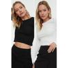 Black-white 2 Pack Fitted Crew Neck Crop Ribbed Stretchy Knitted Blouse Twoaw22bz0331