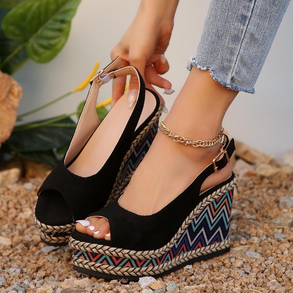 New Women's Sandals Wedge Sandals Black High-Heel Buckle Closure Platform Sandals Women Shoes