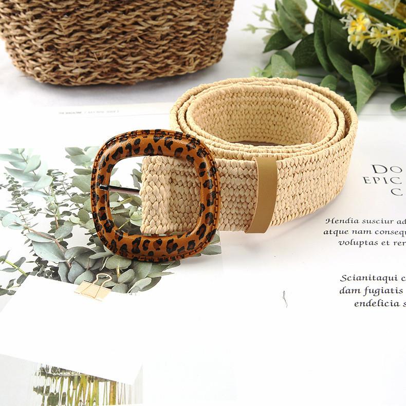 Fashion Leopard Print Buckle Decoration Women Woven Waist Belt For Beach And Casual Looks