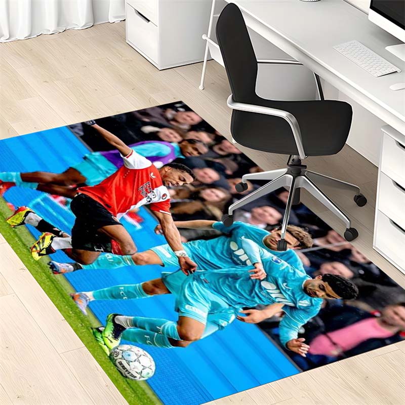 Football Match Scene Print Area Rug, Non Slip Soft Floor Mat Soccer Player Photo Carpet for Fan Living Room Home Decor