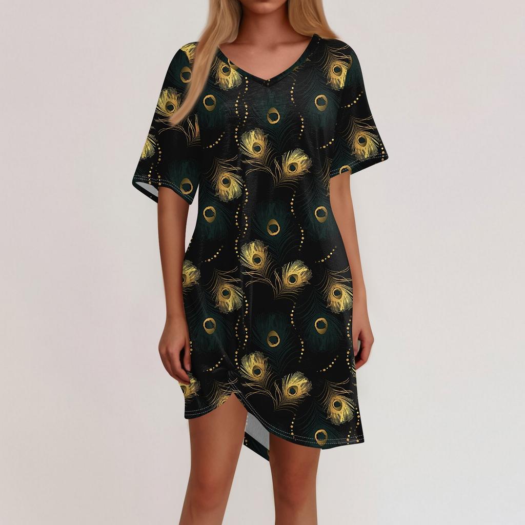 Women's Summer Casual Feather Printed Hem Knotted Short Sleeve Dresses