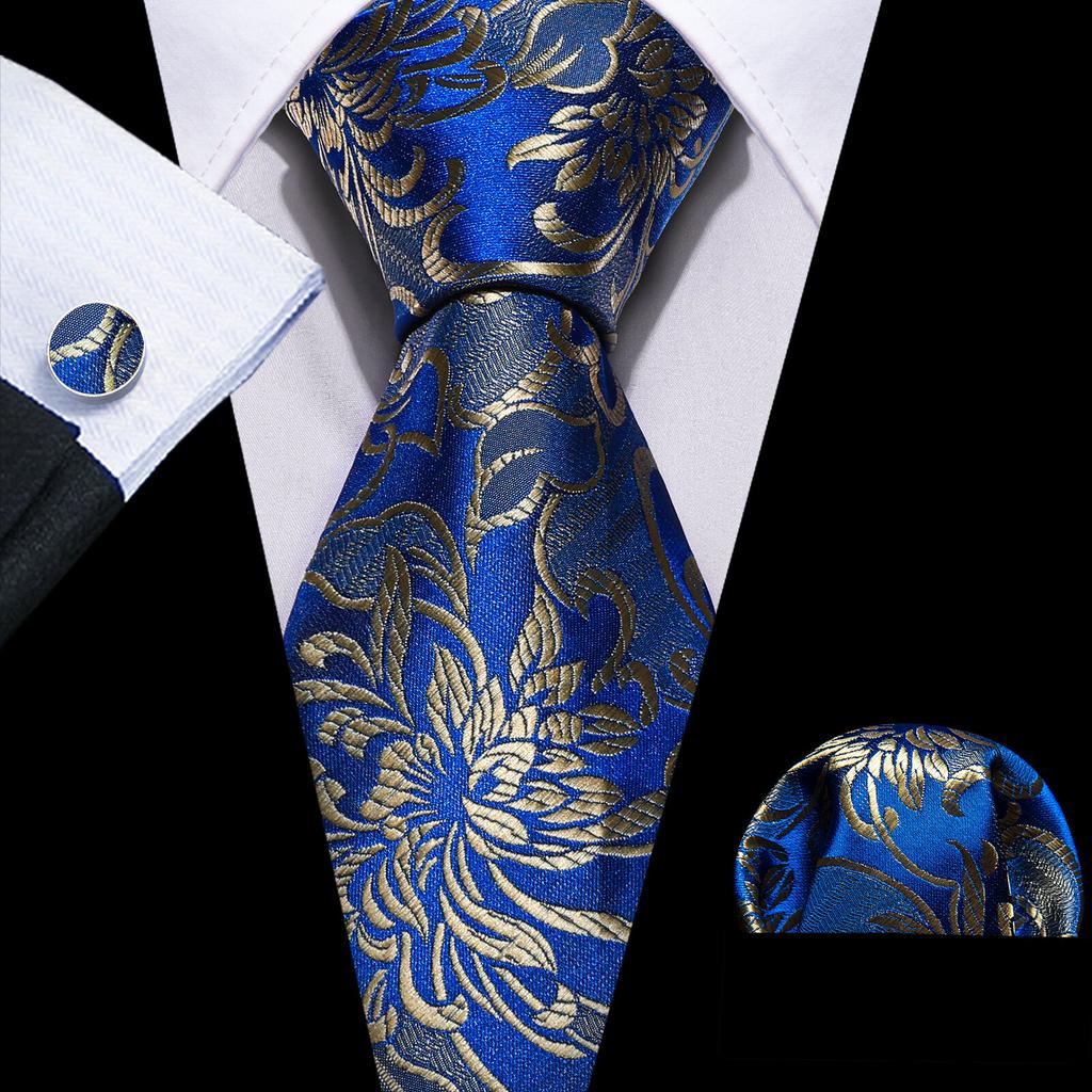 Barry.Wang Necktie Hankerchief Cufflinks Set Earth Yellow Paisley Jacquard Woven Wedding