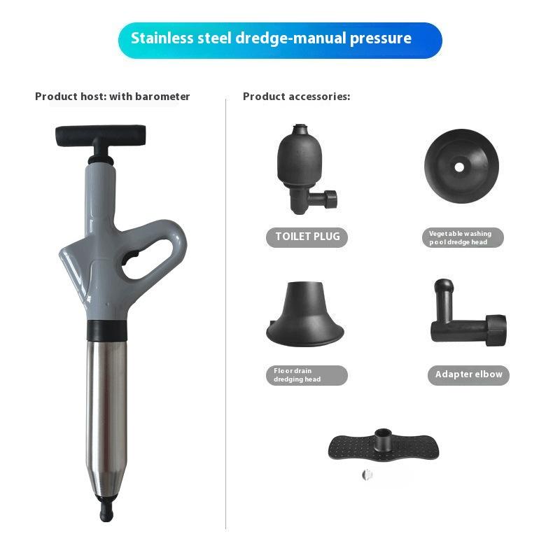 Toilet Pipe Dredger Pneumatic Stainless Steel Household High-pressure Dredging Tool Set Thickened Wall Cylinder Sturdy And Safe