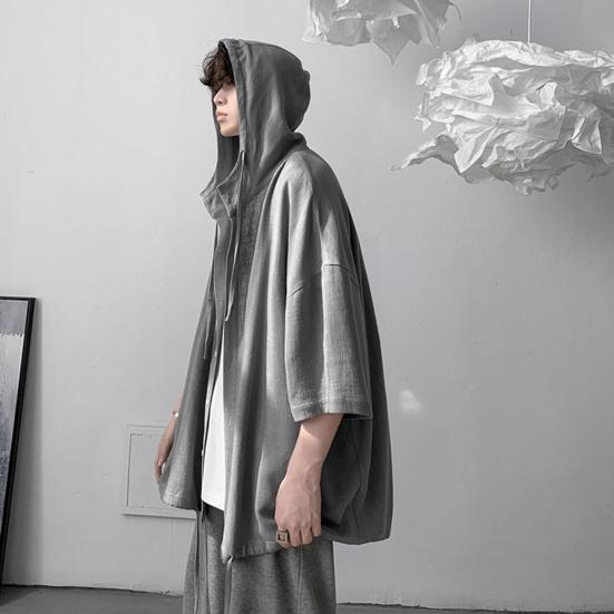 Half Sleeve Drawstring Men Tops Solid Color Single Breasted Thin Hip Hop Style Summer Hooded Shirt Coat Streetwear