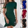Women's Spring and Summer Temperament Elegant Solid Color Slim Hip-covered Short-sleeved Dress