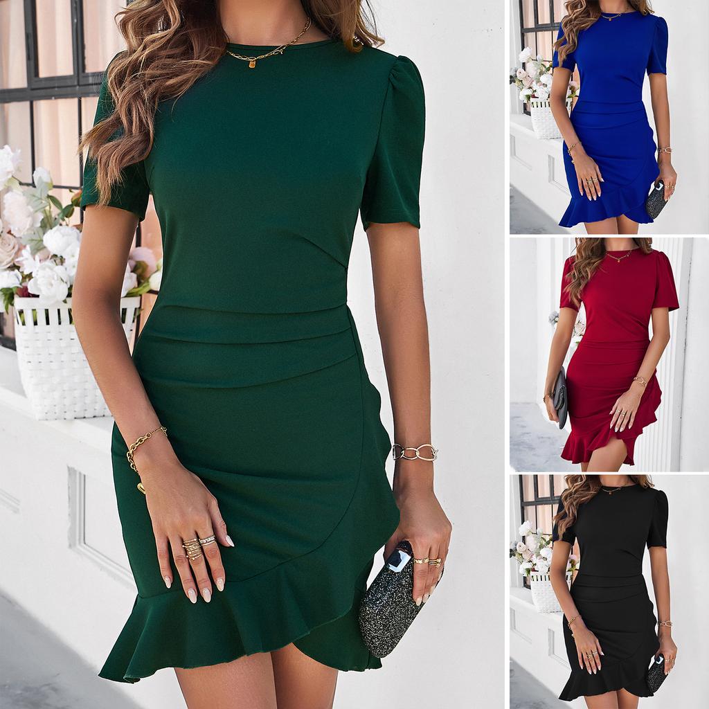 Women's Spring and Summer Temperament Elegant Solid Color Slim Hip-covered Short-sleeved Dress