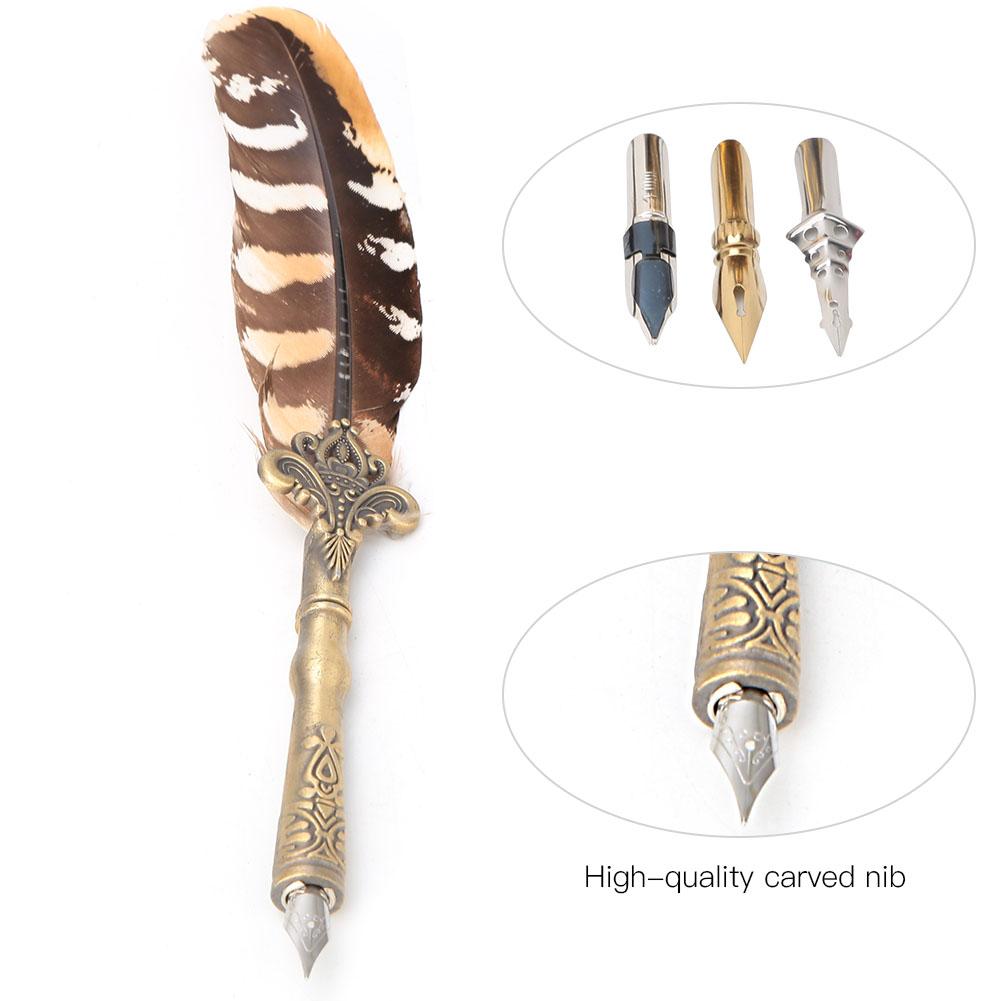 Vintage Feather Pen Fountain Pens With Empty Ink Bottle 3 Nibs Set Stationery Gift